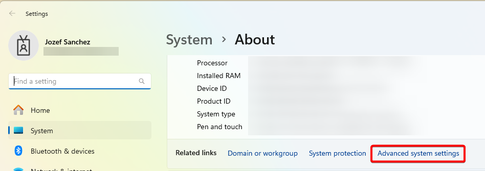 select advanced system settings