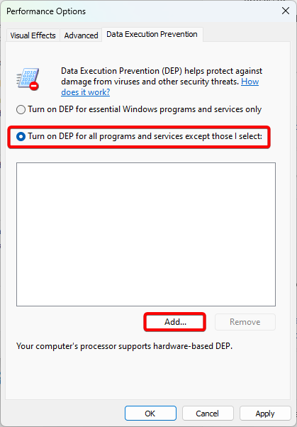 select turn on dep for all programs and services except those I select.png