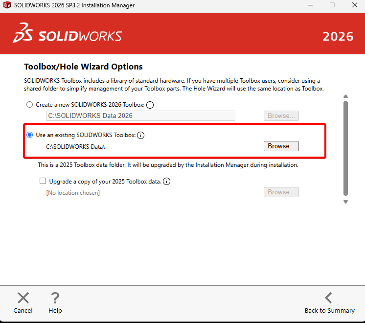 Use an existing SOLIDWORKS Toolbox option