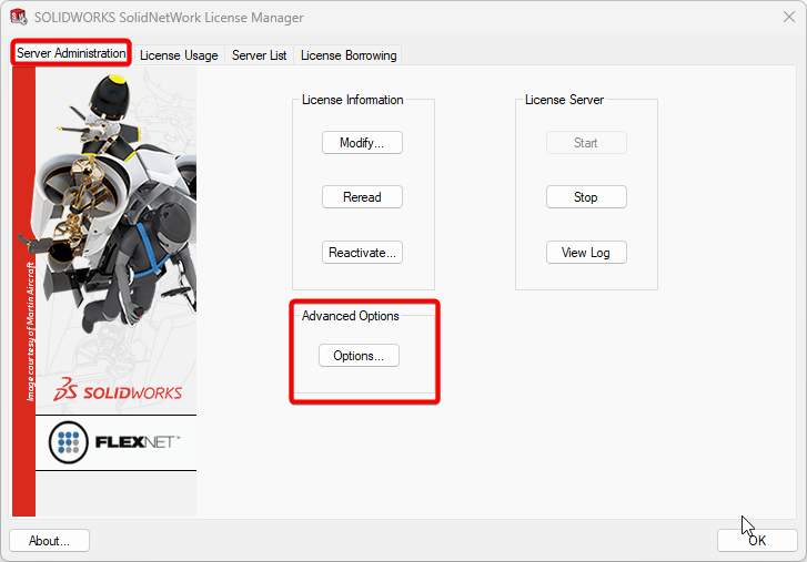 Click options under advanced options in the Server Admin Tab