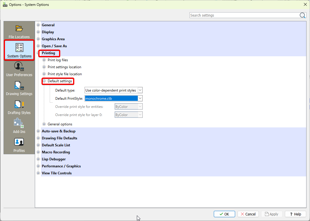Open printstyle settings and change the dropdowns.