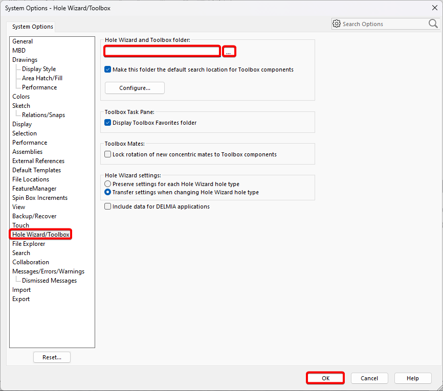 set hole wizard toolbox file location