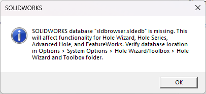 solidworks database file is missing information dialog box