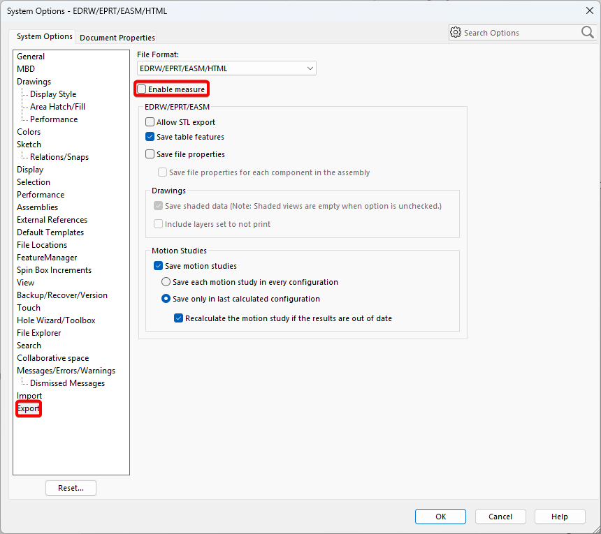 Uncheck enable measure