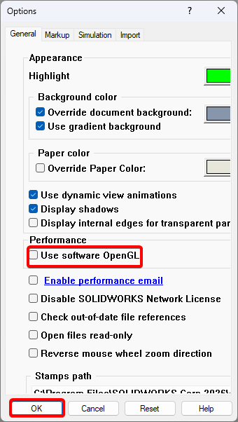 Uncheck Use software OpenGL and click OK