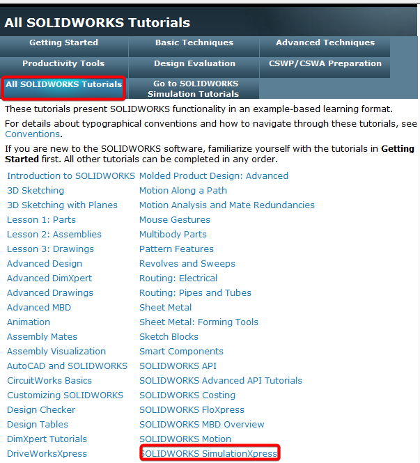 Select SimulationXpress tutorial from all SOLIDWORKS Tutorials