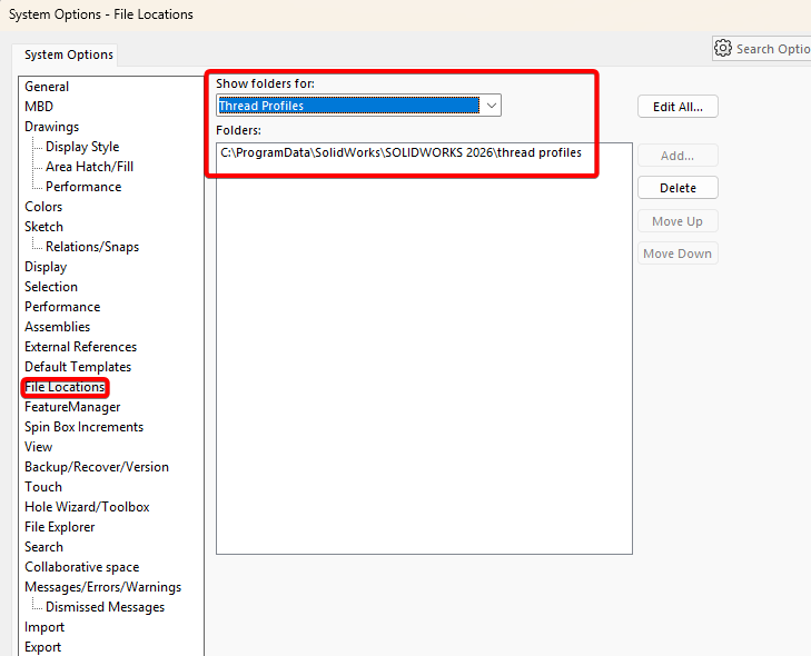 Navigate to Thread Profiles in File Locations Section of System Options
