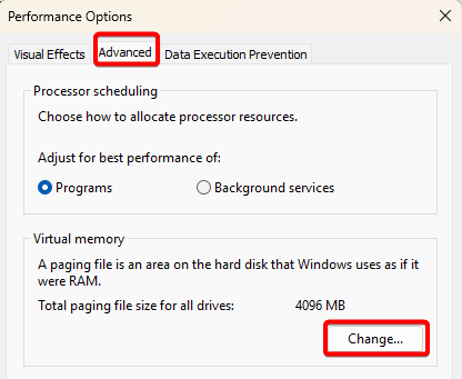 In Advanced cllick change for virtual memory