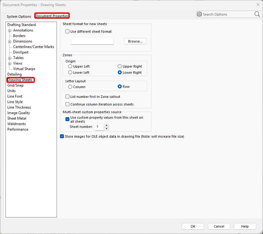 Open Drawing Sheets in Document Properties