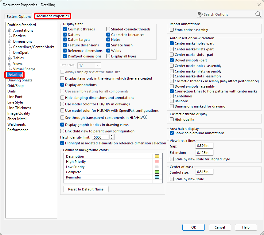 Open Detailing Settings in Document Properties