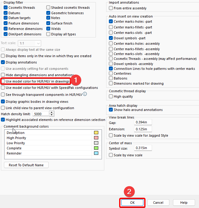 Check the Color Setting for HLR and HLV and then click OK
