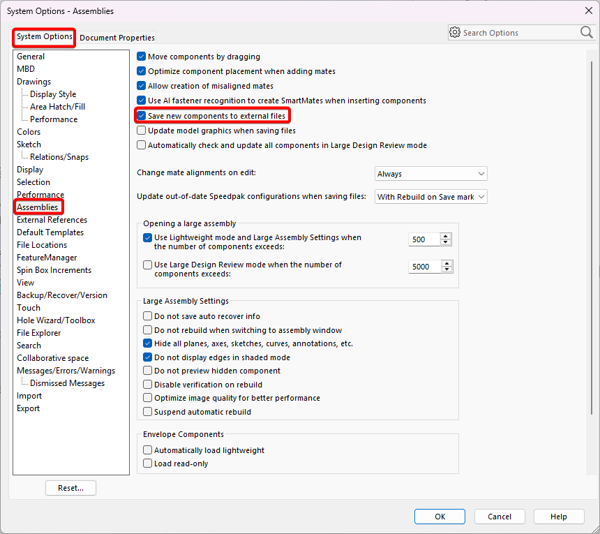 Save new components to external files option in system options