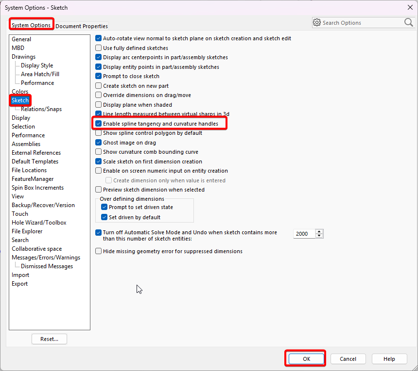 Enable Splin tangency and curvature handles in Sketch Settings