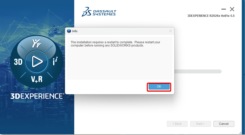 Click OK for reboot warning