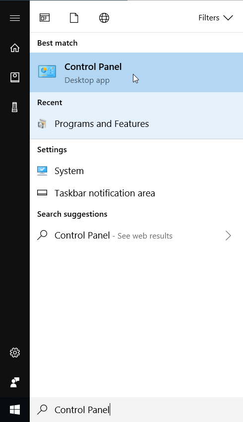 Search for Control Panel