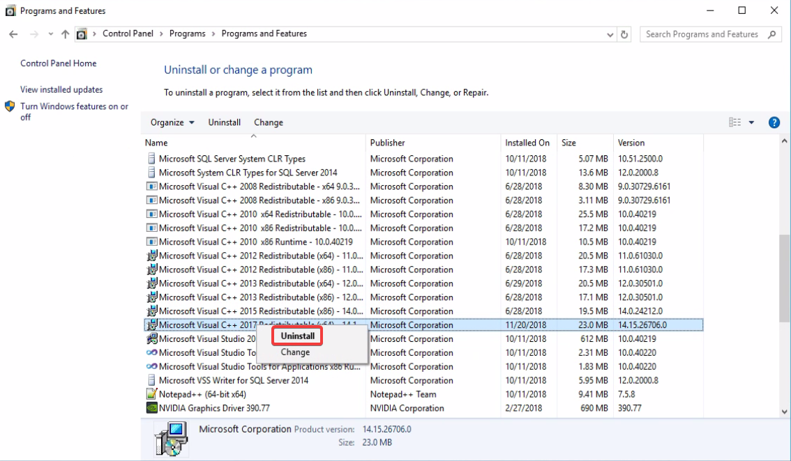 Select C++ 2017 and select uninstall