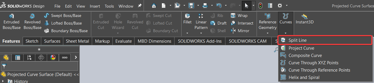 Split Line feature in drop down menu of Curves button