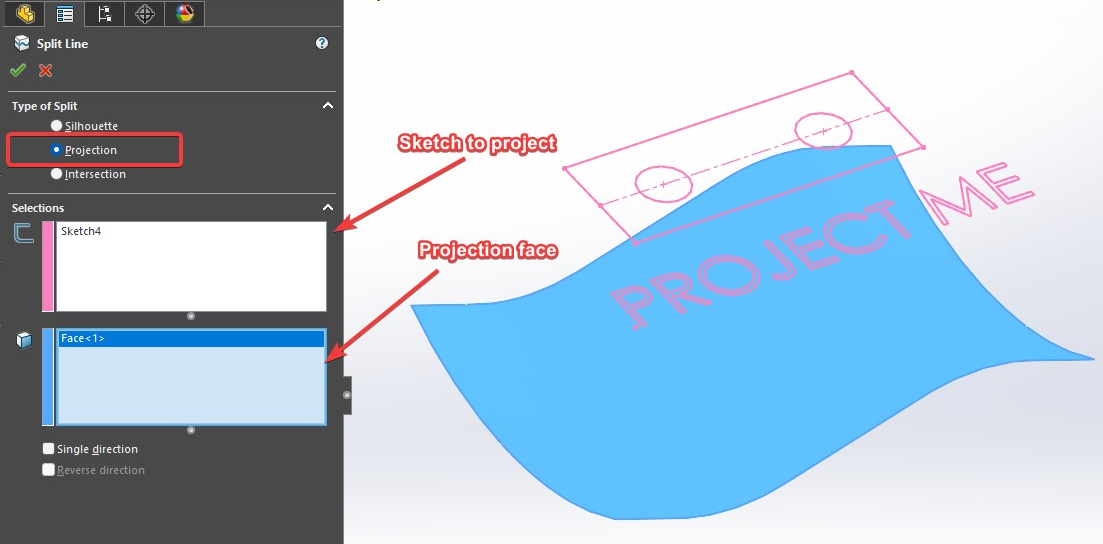 Split Line Property Manager, select sketch and face