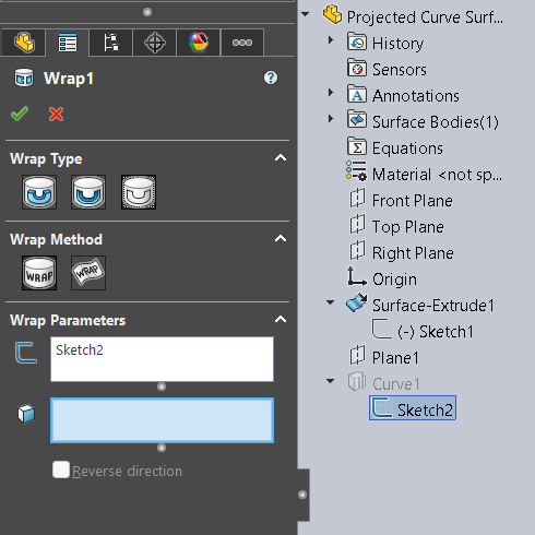 Wrap Property Manager, select sketch to wrap