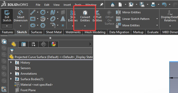Convert Entities tool in sketch tab of Command Manager