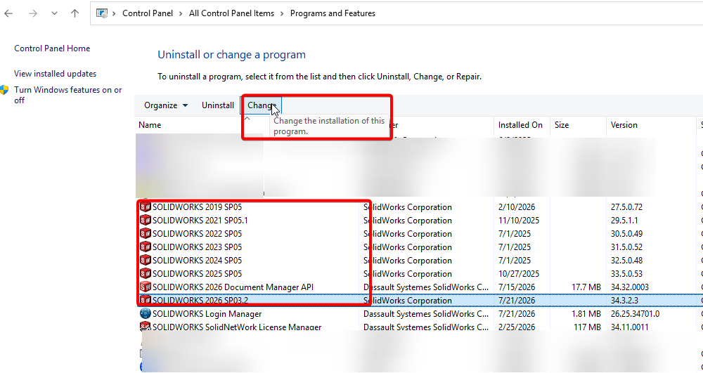Right click SOLIDWORKS and select change