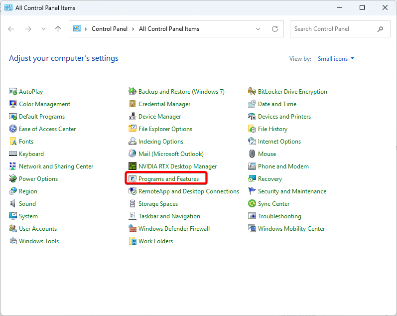 Select Programs and Features