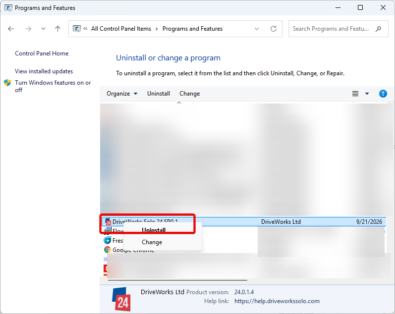 Select Driveworks to uninstall