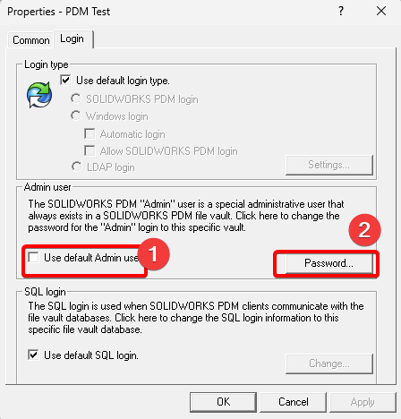 Keep default admin user unchecked and click password button