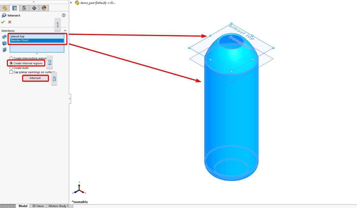 Select the Solid Body, select internal regions, and click intersect