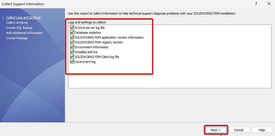 Choose logs and settings to collect then click next