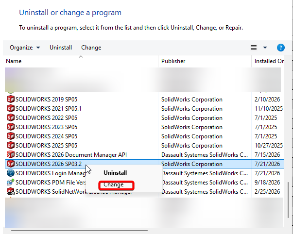 Right click on SOLIDWORKS and select Change