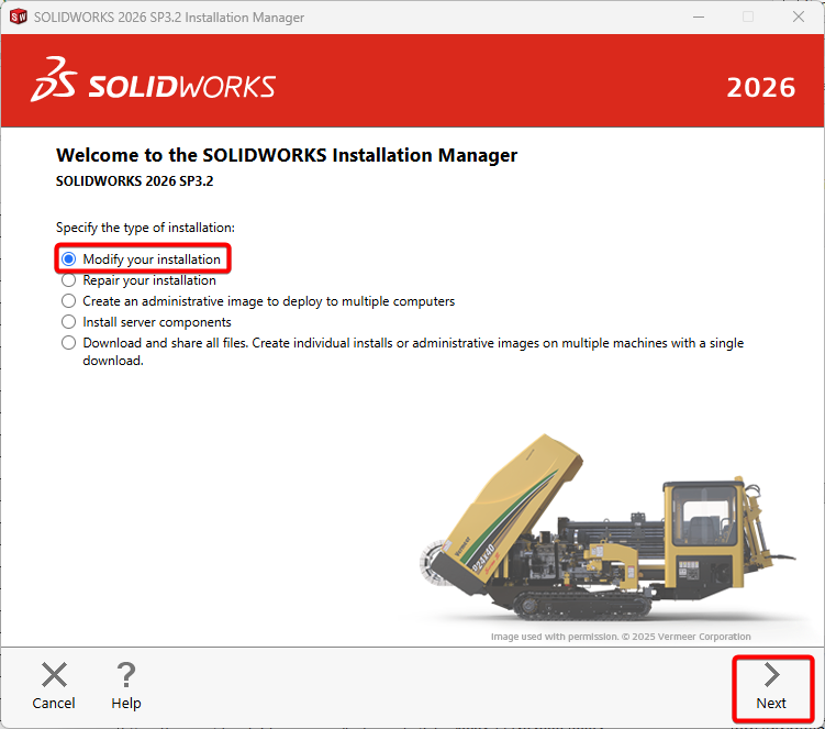 Modify install and click next