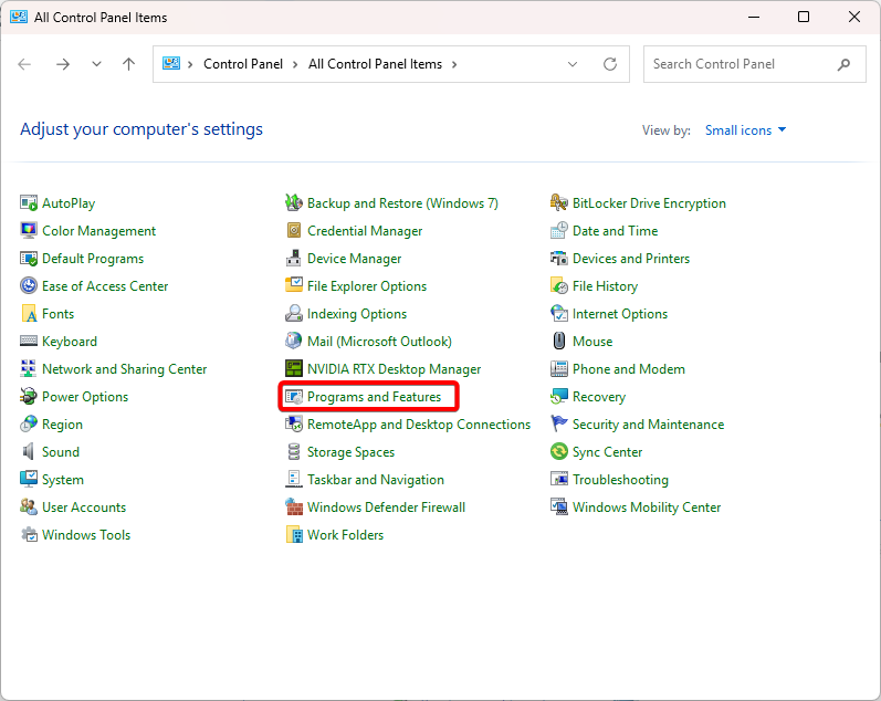 Select Programs and Features in Control Panel