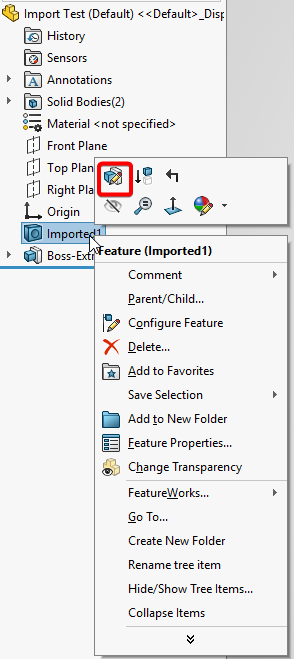 Right click the imported body and select edit feature