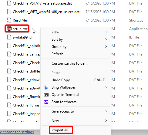 Right click setup exe and select properties