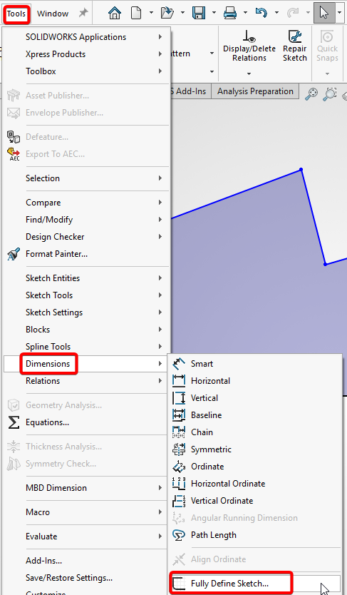 Go to Tools > Dimensions > Fully Define Sketch