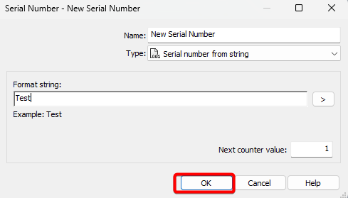 Set the Serial Number settings and click "OK"