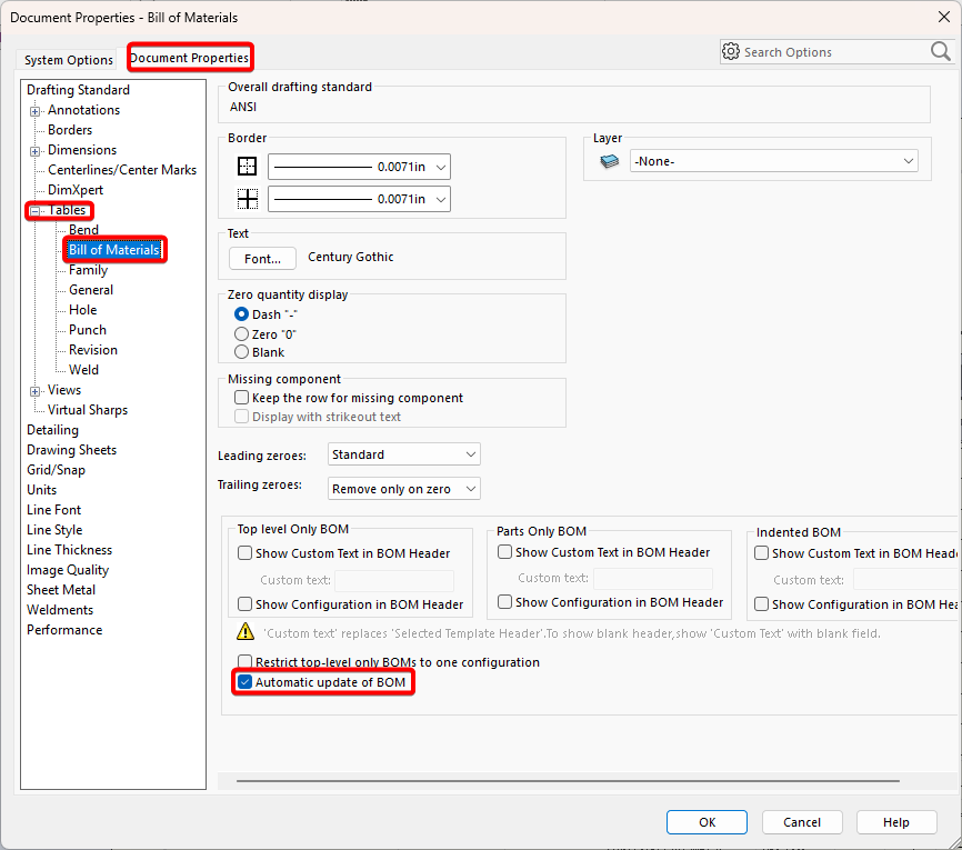 Activate the "Automatic update of BOM" option and click "OK"