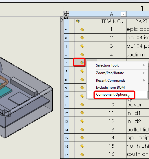 Right-click the assembly to promote and select component options