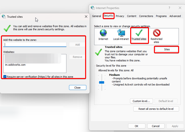 Add SOLIDWORKS Sites to Internet Options
