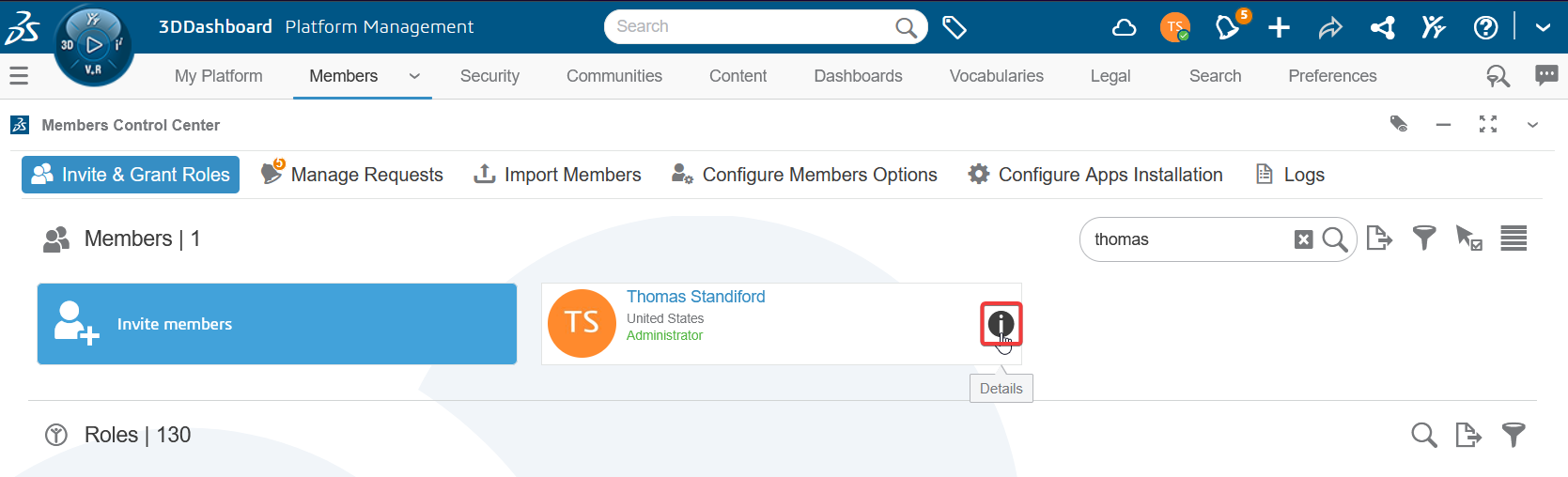 The Invite & Grant Roles tab of the Members Control Center with one member shown with their Details button highlighted 