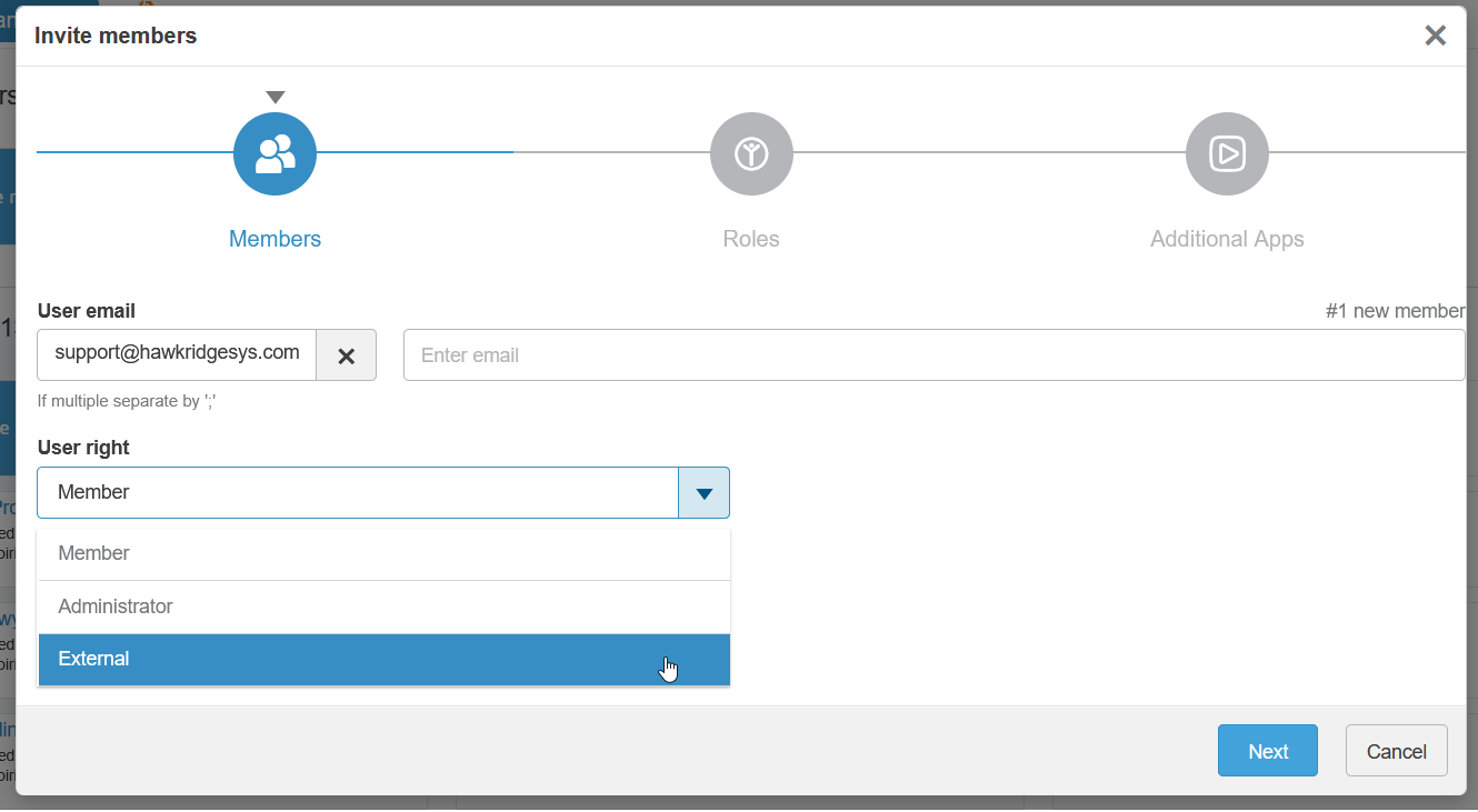 The first page of the Invite Members window with External selected for the User Right drop-down.