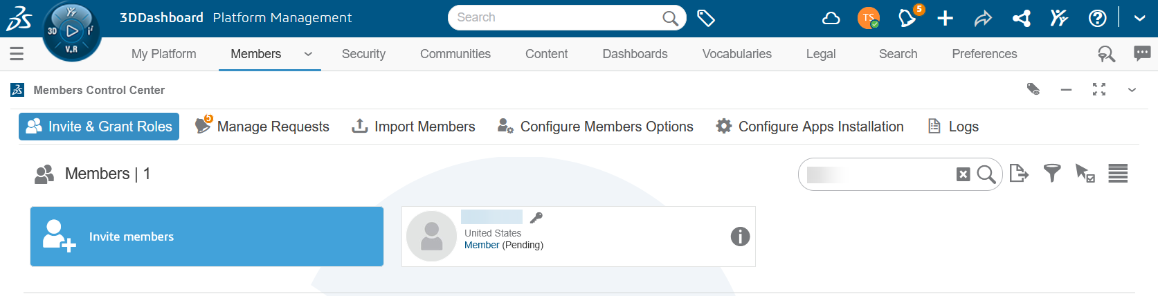 The Invite & Grant Roles tab of the Members Control Center with one member shown with a key icon next to their name.