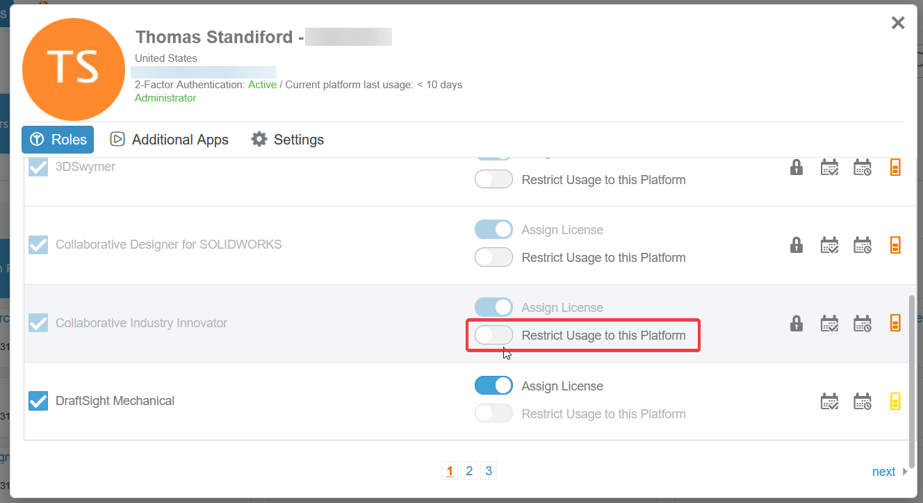 A Member Details page with Restrict Usage to this Platform highlighted and disabled for a user's role.