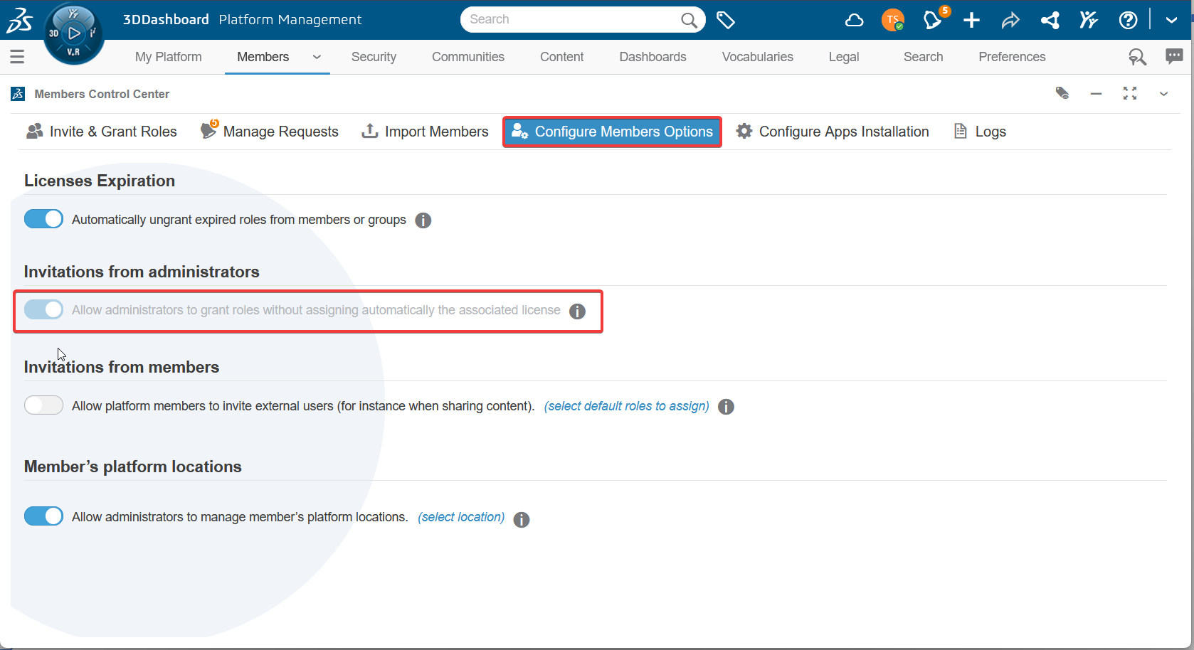 The Configure Members Options tab of the Members Control Center with the "Allow administrators to grant roles without assigning automatically the associated license" enabled and highlighted.