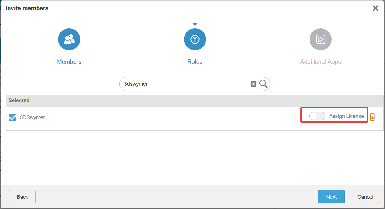 The second page of the Invite Members window with Assign License highlighted and unchecked for one role.