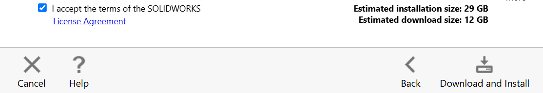 SOLIDWORKS License Agreement Checkbox with Download and Install button at the bottom right hand corner