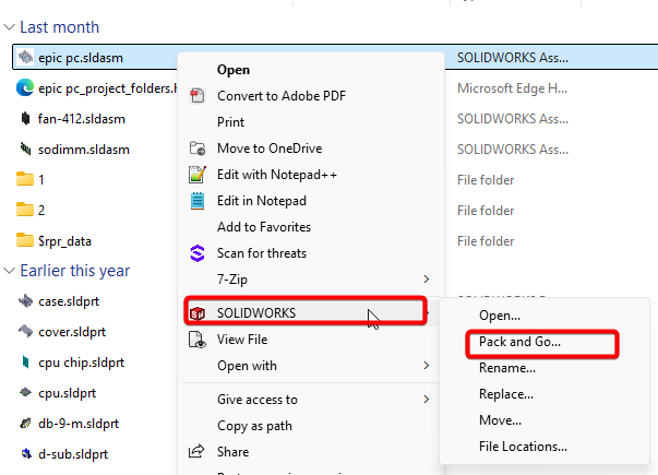 Right-click the file to select SOLIDWORKS > Pack and Go