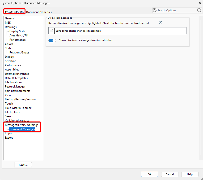 Dismissed Messages in System Options