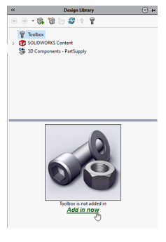 Showing the Toolbox Add in now option in the task pane
